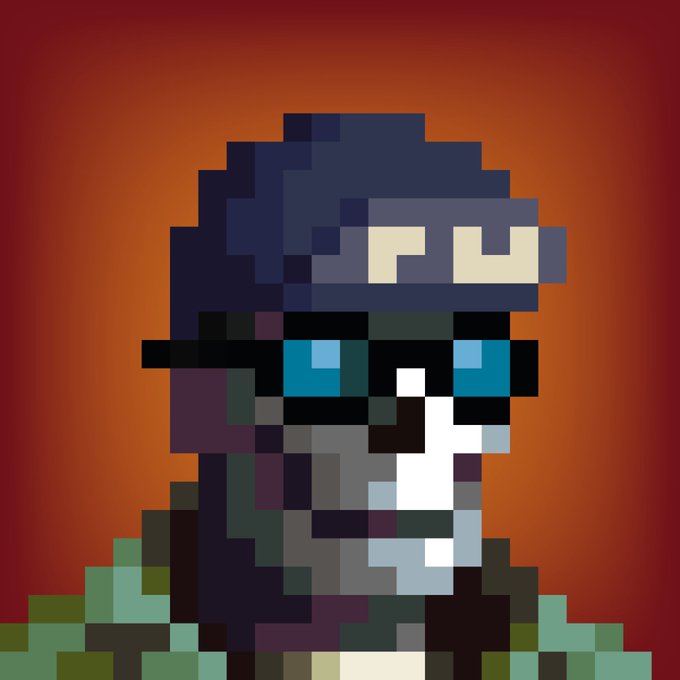 A retro pixel-art portrait of a character with a blue head covering, large glasses, and a pale face against a solid red background.