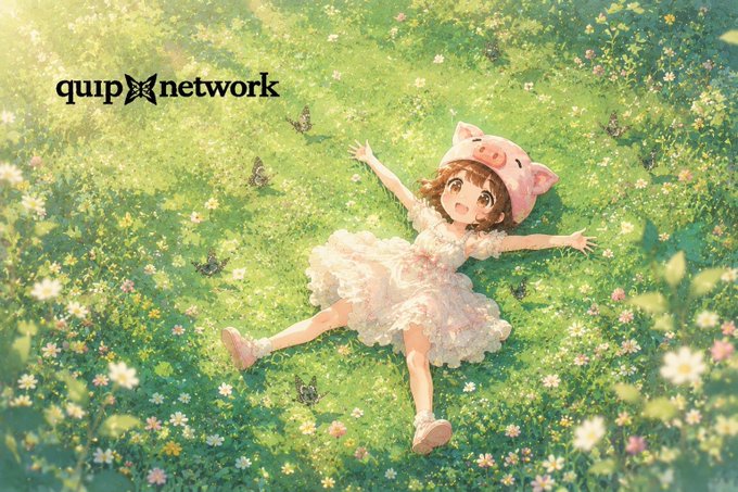 The image features a cartoon girl wearing a pink pig hat, lying down in a field of flowers with her arms outstretched. The background includes a green grassy area filled with white flowers. The image also contains text that reads "quip network" and "Echoes".