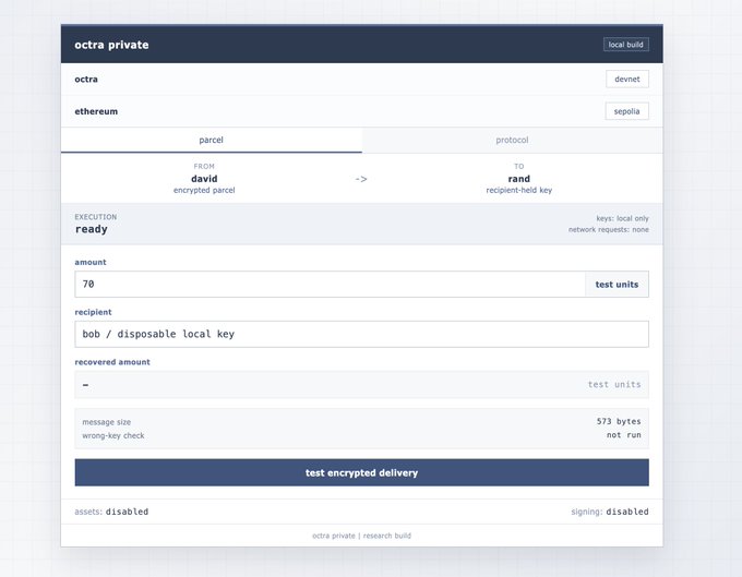 A screenshot of an 'octra private' interface showing an encrypted parcel transaction from 'david' to 'rand' with an amount of 70 test units on the devnet/sepolia networks.