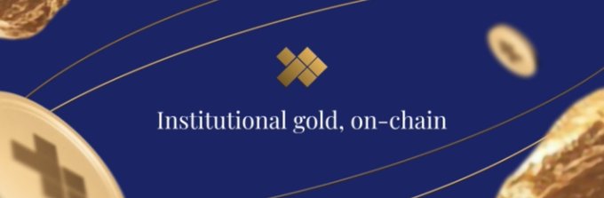 Promotional image with a deep blue background showing the text 'Institutional gold, on-chain' beneath a gold geometric logo, flanked by stylized gold coins.
