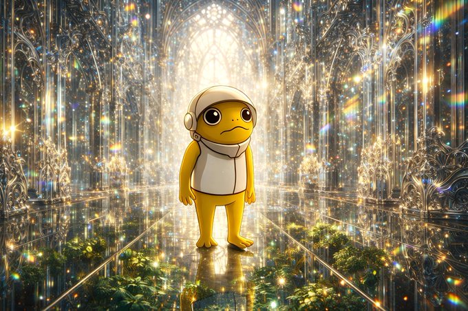 Digital artwork of a small yellow cartoon character wearing a white hooded outfit and headphones, standing in a cathedral-like space filled with sparkling light effects and green foliage.