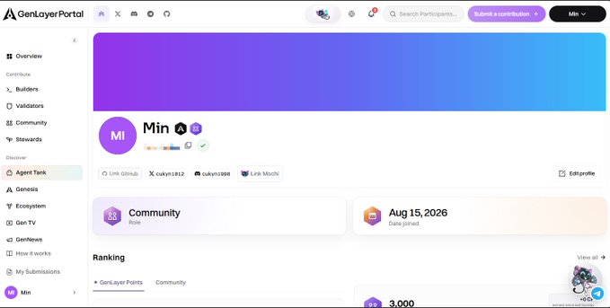 Screenshot of the GenLayerPortal profile page for a contributor named "Mín," showing social handles @calvin1812 and @ukyal598, Community rank, and a date joined of Aug 15, 2026.