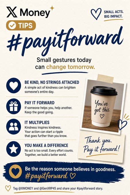 X Money Tips infographic promoting the #payitforward movement with messages about kindness, multiplying good deeds, and tagging @XMONEY and @GenXRP45 to share stories.