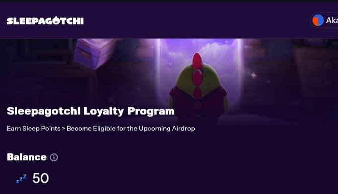 The image shows a screenshot of the Sleepagotchi Loyalty Program page that has purple background with white text. The title displays "Sleeping...", while an animated picture of a chicken or frog (possibly a stuffed animal) wearing a cape stands prominently in the center. Below this scene, there is information about accumulating the points for an Airdrop. The post also includes a social media share button that encourages users to share their experience with others using the program. At the bottom of the image, there is a title "Sleeping..." which further explains the Loyalty Program and its benefits.