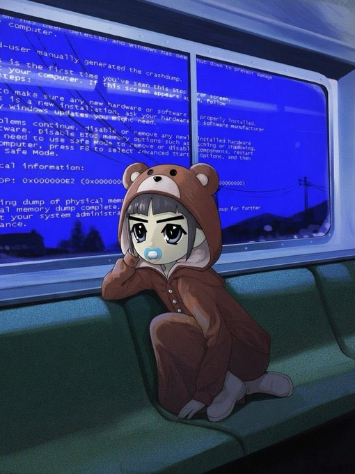 A chibi anime character in a bear onesie with a pacifier sits dejectedly in front of a Windows Blue Screen of Death displaying error codes (STOP: 0x000000E2). The image visually reinforces the post's despair over having thousands of dollars worth of NFTs drained, with the crash screen symbolizing the catastrophic digital failure and loss described.