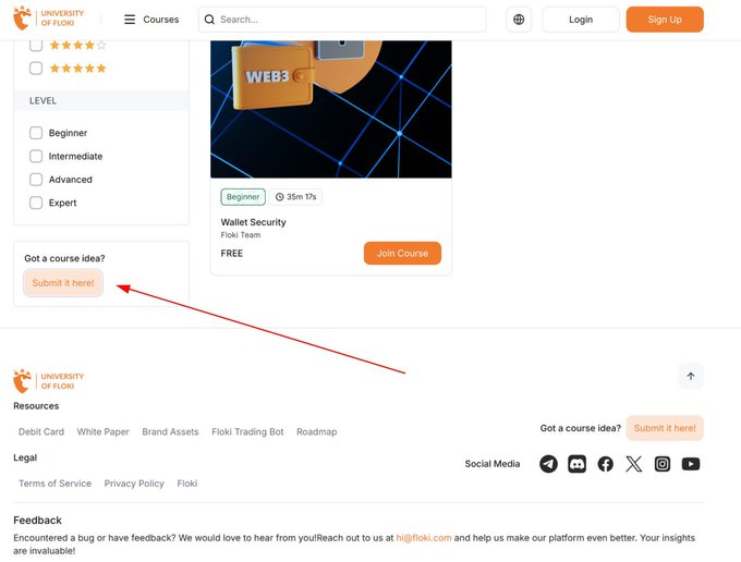 A screenshot of the University of Floki courses page shows a "Wallet Security" course by the Floki Team (Beginner, 35m 17s, FREE), with a red arrow pointing to the "Submit it here!" button in the sidebar, highlighting the new feature for submitting course ideas as mentioned in the post.
