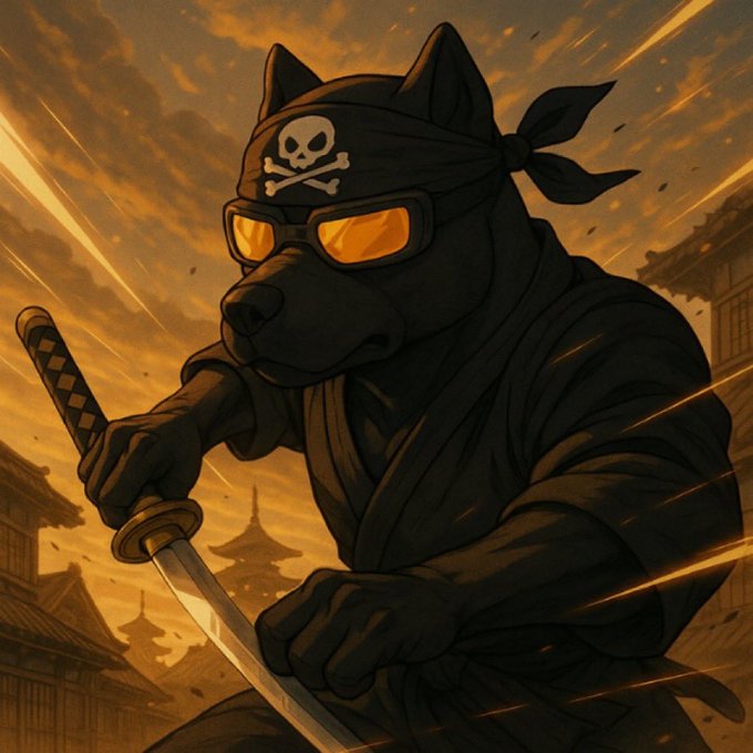 An anime-style illustration features a black dog dressed as a ninja, wearing orange-tinted sunglasses and a skull-and-crossbones bandana, wielding a katana against a dramatic orange sunset.