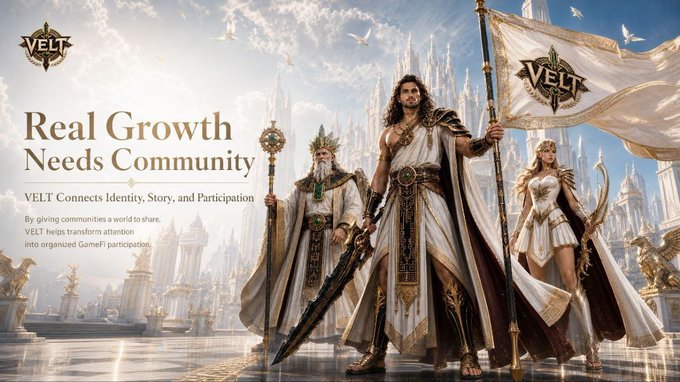A promotional banner for "VELT" features three fantasy-style royal figures—a crowned king with a scepter, a warrior holding a "VELT" flag, and an archer—standing before an ornate castle, with the tagline "Real Growth Needs Community" and text explaining that "VELT Connects Identity, Story, and Participation" to transform attention into GameFi participation.

The image visually reinforces the post's message about Web3 community building by depicting a unified kingdom of distinct characters, symbolizing how VELT aims to convert passive attention into active, organized participation within a shared ecosystem.