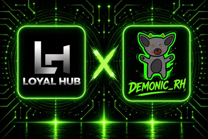 A promotional graphic with a neon green background showing a collaboration between 'LOYAL HUB' and 'DEMONIC_RH' logos.