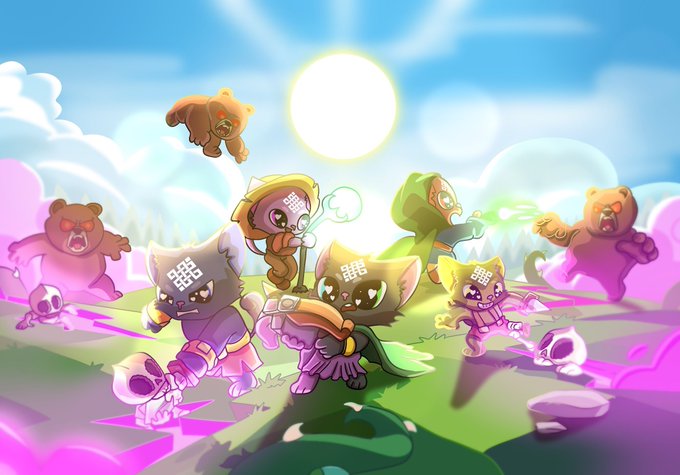 A group of hooded cat characters marked with "8B" on their foreheads charge forward with weapons and spells, surrounded by floating teddy bears and glowing orbs of light, in a vibrant fantasy scene fitting the caption "siggy on ritual."