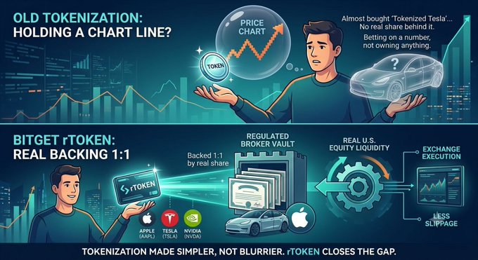 The image contrasts "old tokenization" (price-tracking with no real share backing) against **Bitget rTOKEN**, which offers 1:1 real share backing via regulated broker vaults with U.S. equity liquidity for stocks like Apple (AAPL), Tesla (TSLA), and Nvidia (NVDA), illustrating the post's message about closing the gap between synthetic price exposure and actual ownership.