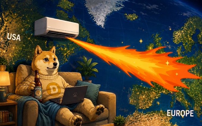 A Shiba Inu dog (Doge) wearing a "DOGE" sweater relaxes on a couch with a beer and laptop, while an AC unit blasts flames across the Atlantic toward Europe on a night-view world map labeled "USA" and "EUROPE."