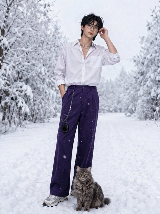 A young person with glasses standing in a snowy forest wearing a white button-up shirt and purple high-waisted trousers with a chain accessory, posing with a fluffy gray tabby cat at their feet.