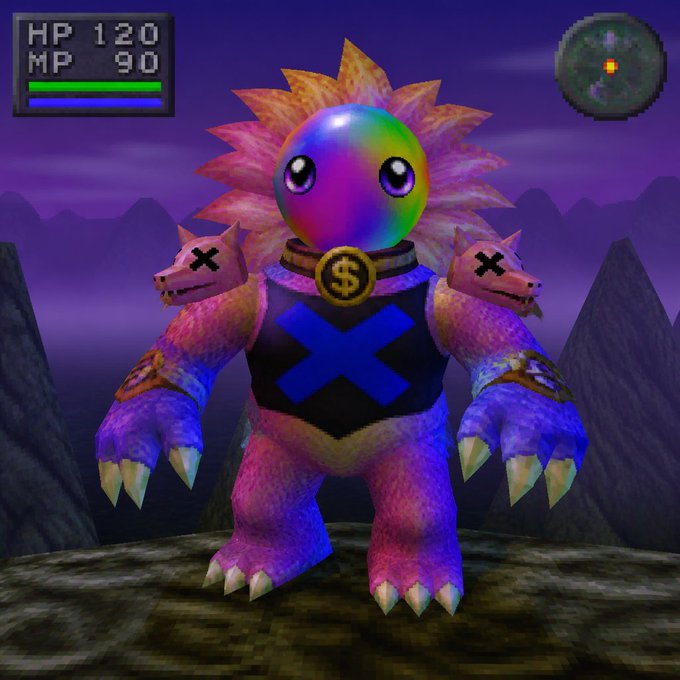 A screenshot from a retro 3D video game shows a colorful monster with a rainbow sphere head, a blue X on its chest, and small dragon-like heads on its shoulders, alongside an HP 120/MP 90 status display.