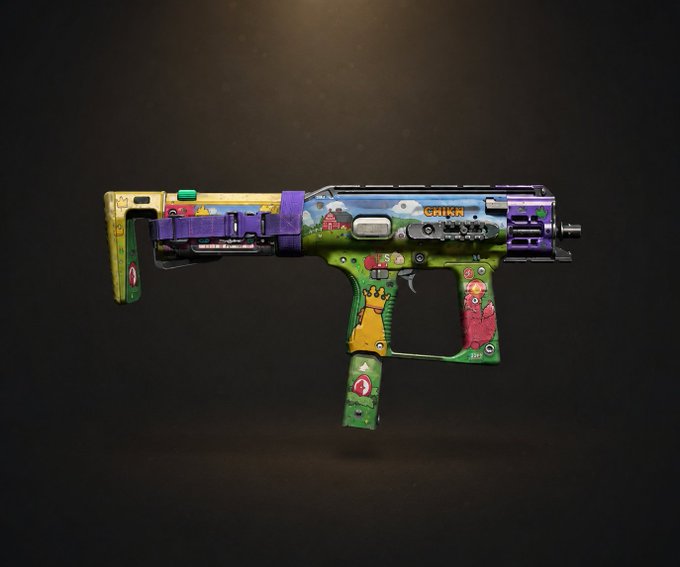 The image showcases a vibrantly designed SMG-style firearm featuring colorful cartoon-style artwork and a "chikn" logo, styled as a "Tacoma" weapon skin.

The post highlights the weapon as a Chikn NFT-inspired skin and advocates for the game "off the grid" to collaborate with Web3 projects like Chikn to expand its user base and build traction incrementally rather than chasing major brand partnerships immediately.