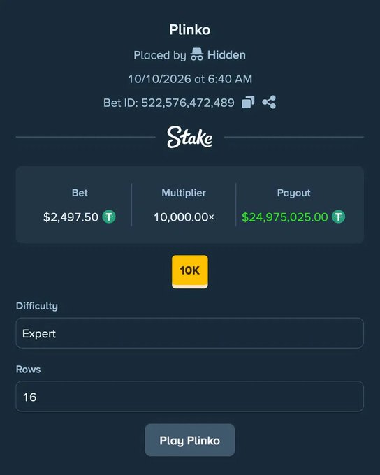 A screenshot of a Stake.com Plinko game interface showing a bet of $2,497.50, a 10,000.00x multiplier, and a potential payout of $24,975,025.00 with an 'Expert' difficulty and 16 rows.