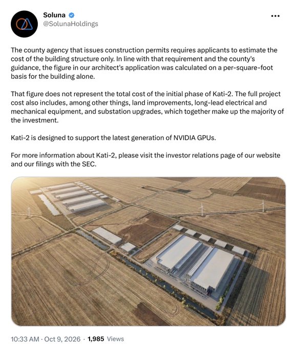 A tweet from Soluna Holdings (@SolunaHoldings) explaining that the construction cost figure for the Kati-2 data center project only represents the building structure, not the full investment which includes land, equipment, and substation upgrades for NVIDIA GPUs.