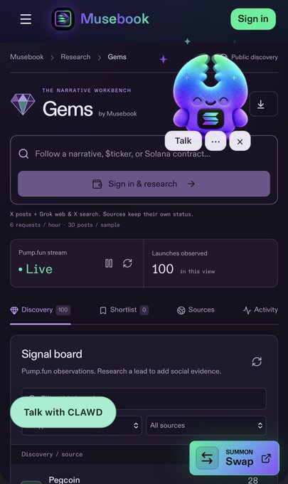 A screenshot of the Musebook platform showing the 'Gems' research dashboard with a 'Talk with CLAWD' button, a signal board for tracking Pump.fun observations, and a 'SUMMON Swap' feature, displaying 100 launches observed.