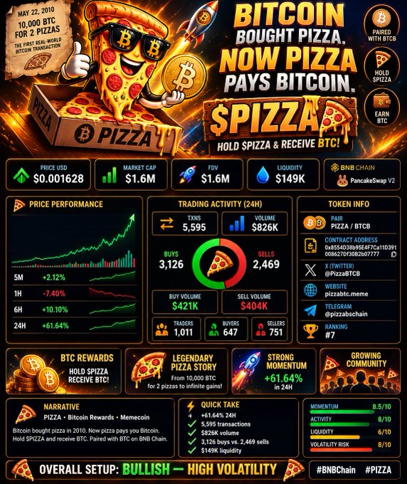 A promotional chart for the PIZZA / BTCB cryptocurrency token, referencing the historic May 22, 2010 Bitcoin pizza transaction, showing price performance, trading activity, and a 'BULLISH — HIGH VOLATILITY' overall setup.