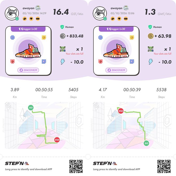 A STEPN app screenshot showing two 'move-to-earn' jogging activity stats for user 'awayan' on 05/10/2026, displaying GST/Min earnings, distances, times, step counts, and route maps.