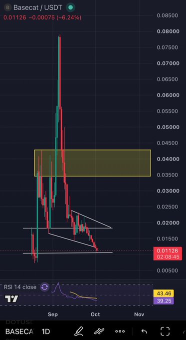 A TradingView chart for Basecat/USDT (BASECA) showing a declining price trend from around 0.08 to 0.01126, with a -6.24% change, highlighted supply zone, and RSI at 43.46.