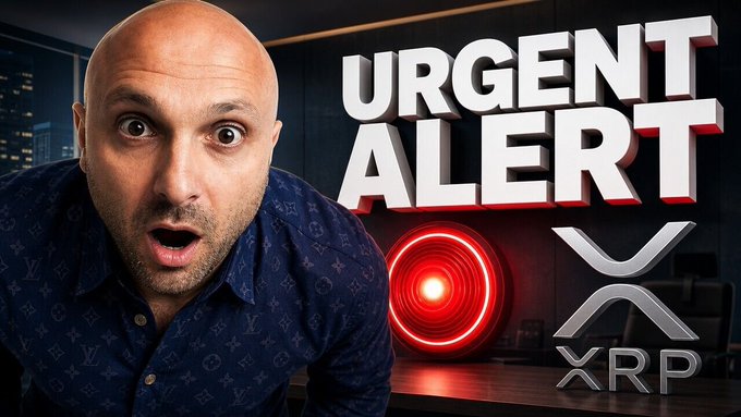 A bald man with a surprised expression appears in a YouTube thumbnail featuring bold "URGENT ALERT" text and the XRP logo beside a red alert siren, promoting a video claiming to expose hidden information about XRP holders. The thumbnail's dramatic alert-style design and shocked facial expression visually reinforce the post's message urging viewers to watch the video before it gets buried.
