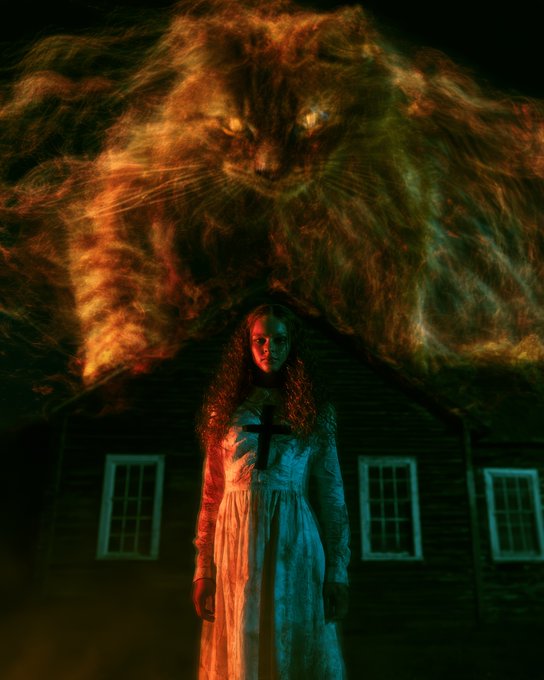Horror-style artwork showing a woman in a white dress holding a cross, illuminated by red and teal light, with a menacing, fiery demonic face looming over her above a dark house.