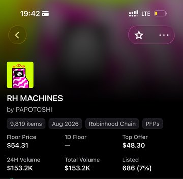 A mobile screenshot displays an NFT collection titled "RH MACHINES" by PAPOTOSHI, showing 9,819 items, a Floor Price of $54.31, a Top Offer of $48.30, and a 24H Volume of $153.2K.