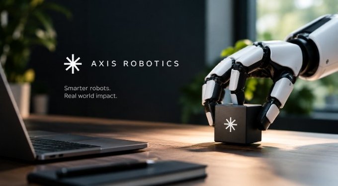 A promotional banner for 'AXIS ROBOTICS' featuring the tagline 'Smarter robots. Real world impact.' alongside a robotic arm reaching toward a cube on a desk next to a laptop.