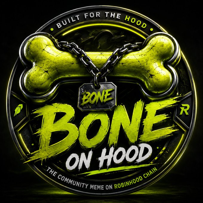A digital logo/badge for 'BONE ON HOOD - THE COMMUNITY MEME ON ROBINHOOD CHAIN' featuring a green bone with a chain and 'BONE' tag, with 'BUILT FOR THE HOOD' text at the top.