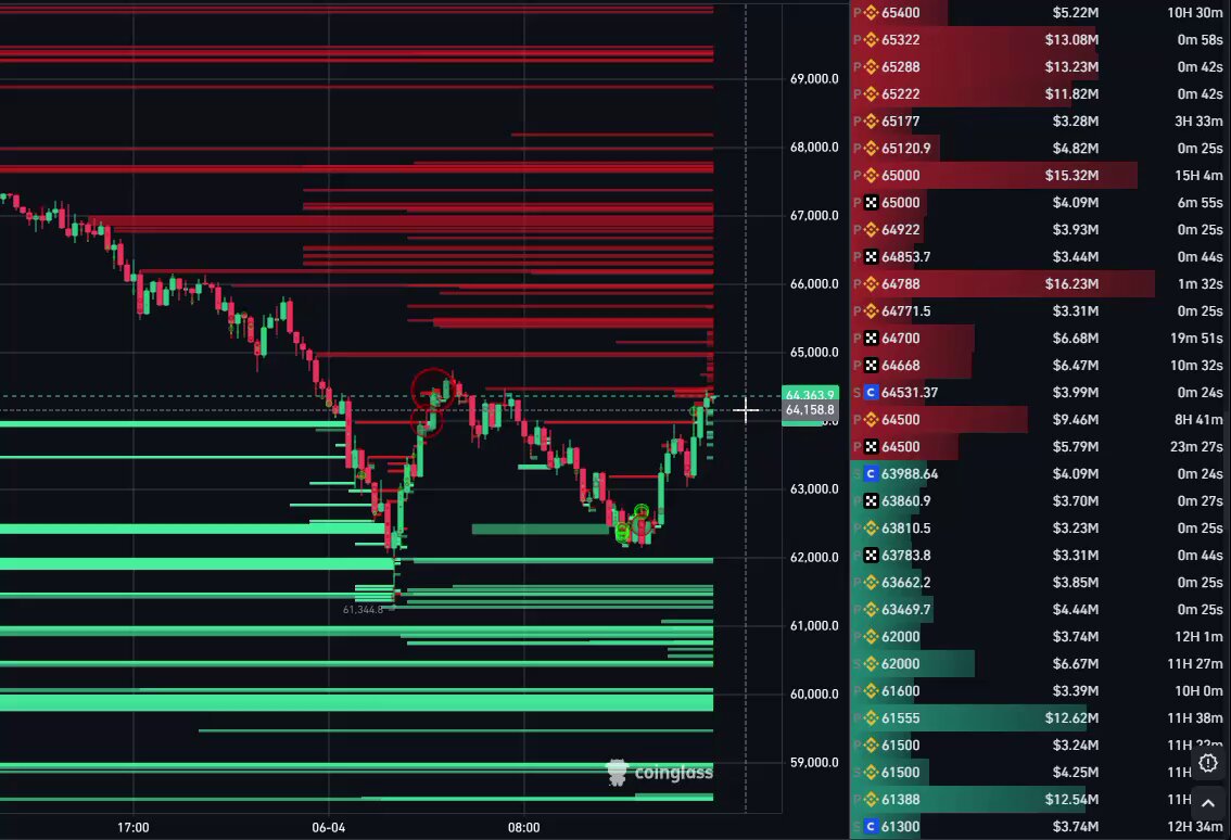 The image displays a chart with various colored lines indicating different stock prices or asset values for Bitcoin and Ether. The largest line shows a significant drop in price, possibly due to a market crash, as indicated by the words "$BTC whales have been wiped out!".

An important detail within this chart is that $60,000-62,000 has been liquidated from huge whale orders below it, while $65,000-68,000 has been liquidated in another area of the chart. These large amounts of money being wiped out are related to recent market events and could have a substantial impact on the cryptocurrency market's overall performance.