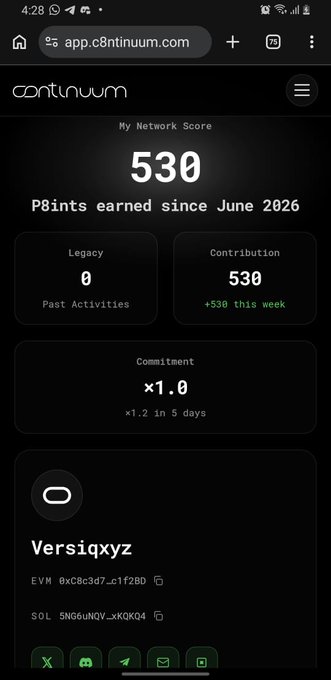 A screenshot of the c8ntinuum app displays a Network Score of 530 P8ints earned since June 2026, broken down into 530 from Contribution (+530 this week) and 0 from Legacy Past Activities, with a Commitment multiplier of ×1.0. The dashboard, tied to the username "Versiqxyz," visually reinforces the post's point that verified contributions from earlier campaigns are folded into a single, unified score.