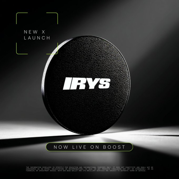 The image shows a black and white circular speaker placed on top of an orange surface. The speaker has a white logo on its side that says "IRYS" along with some text. There are also several texts around the image, including one reading "NEW X Launch", which could be a description or information about the new product launch, and another saying "Now Live On Boost".
