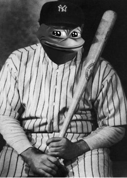 The image features an old man dressed as a baseball player, wearing a striped shirt and holding a wooden bat over his head. The man's face has been altered with a cartoon frog mask, giving him a unique appearance reminiscent of a Peanuts comic strip character. The photo is in black and white, adding to the vintage feel of the image. The caption below the image reads: "These pepe themed sports cards were all minted as trading cards between 2016-2018 using Xcp and bitcoin tech They would cost u a brand new car today but sold for a few snickers bars and a beef brisket sandwich 8-10 years ago RARE PEPES ARE THE MOST INTERESTING CRYPTO ART AND".