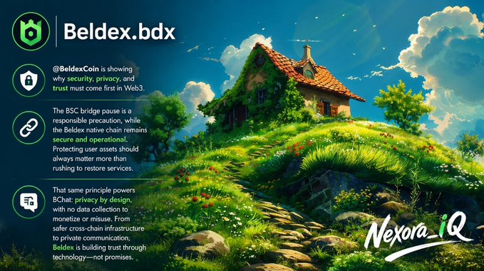 A promotional graphic for 'Beldex.bdx' featuring a whimsical cottage on a grassy hill, discussing the security, privacy, and trust aspects of the Beldex and BChat platforms.