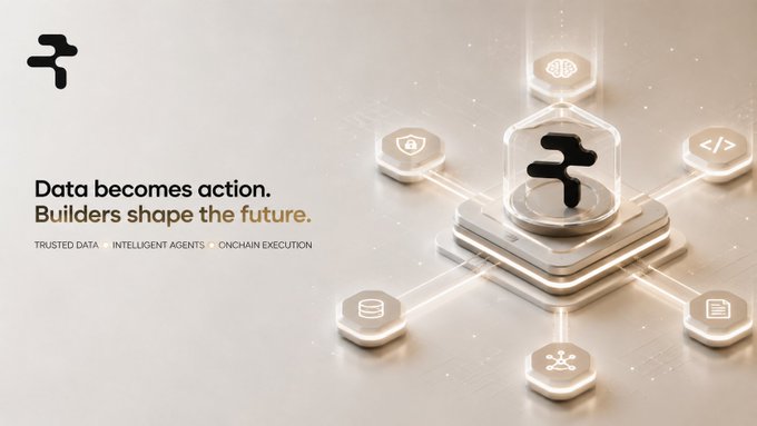 A promotional graphic with the text "Data becomes action. Builders shape the future." and "TRUSTED DATA | INTELLIGENT AGENTS | ONCHAIN EXECUTION" alongside a 3D illustration of interconnected hexagonal icons.