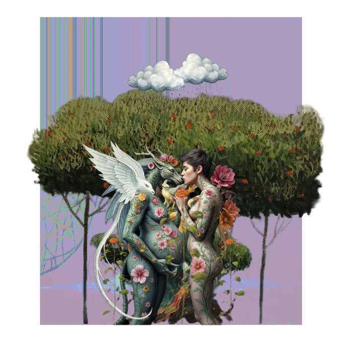 A fantasy digital artwork showing two figures with floral body patterns standing among trees with a white dragon and a rainy cloud overhead.