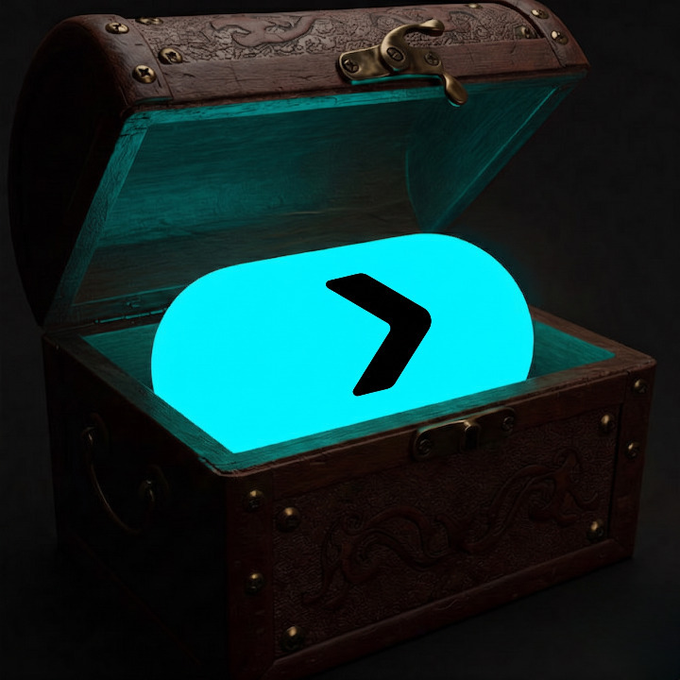 A glowing cyan chevron arrow icon sits inside an ornately carved wooden treasure chest with brass fittings, symbolizing the post's message of revealing a "secret" and making transactions effortless. The luminous arrow emerging from the chest visually represents unlocking a simple, forward-moving solution.