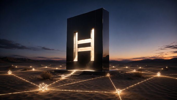 A surreal digital artwork featuring a tall black monolith with a glowing "H" carved into it, standing in a desert landscape connected by illuminated geometric lines at dusk.