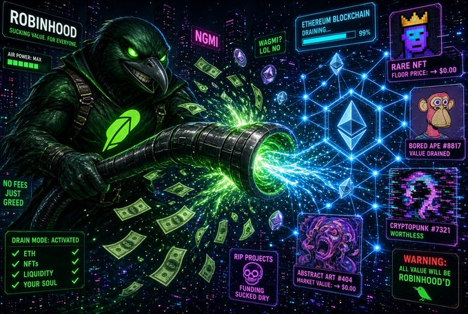 A vibrant, satirical digital artwork titled 'ROBINHOOD' depicting a menacing green reptilian creature operating a vacuum that drains money into Ethereum and NFT blockchain elements, featuring tags like 'WAGMI?', 'NGMI', and 'RIP PROJECTS'.