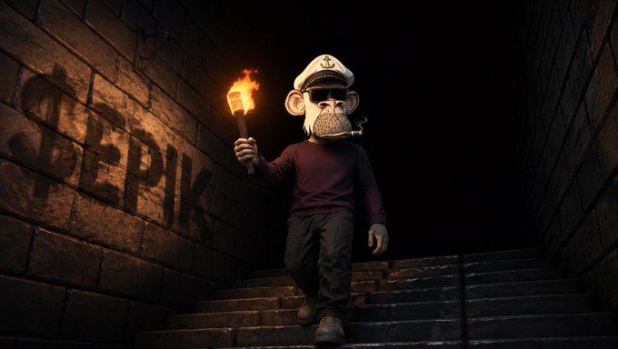 A digital artwork of a Bored Ape-style NFT character wearing a captain's hat and holding a torch, walking down dark stone stairs in front of a brick wall with 'APEPIK' graffiti.