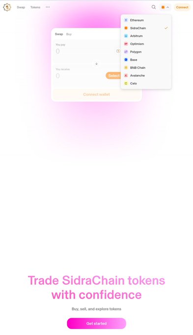 A screenshot of the SidraDEX swap interface with a blockchain dropdown menu open, showing support for networks including Ethereum, SidraChain (selected), Arbitrum, Optimism, Polygon, Base, BNB Chain, Avalanche, and Celo. The image aligns with the post's announcement by showcasing the platform's new multi-chain functionality, while the page text "Trade SidraChain tokens with confidence" and the "Get started" button reinforce SidraDEX's expansion and its role as a decentralized trading hub.