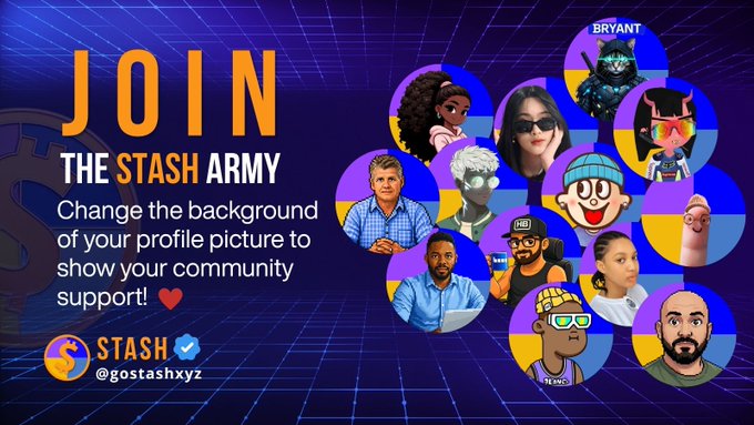 The image shows a poster for the Stack Army where the users have been encouraged to join by using a special hashtag, #StashArmy. The image displays a variety of cartoon characters from different backgrounds, all with a distinctive style that represents their characters. Several of these characters include a woman wearing sunglasses, an Asian man holding up a sign, and another man in a tie.