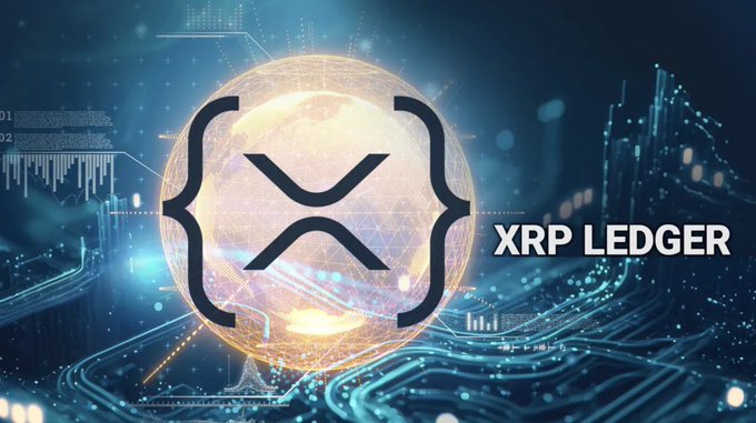 A digital graphic displays the XRP Ledger logo, featuring its stylized 'X' symbol inside curly braces, set against a glowing circuit board background.