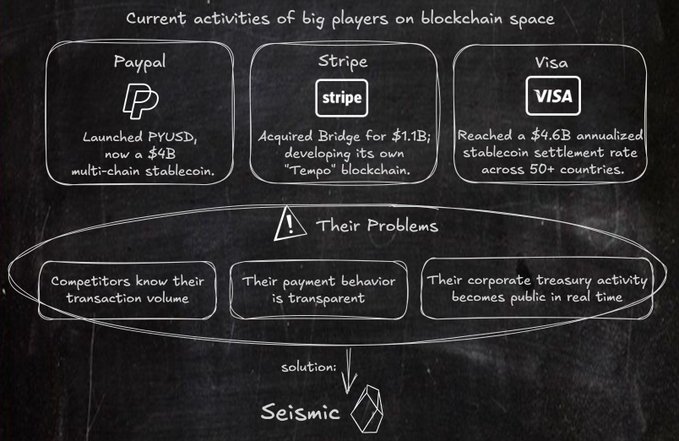 A chalkboard-style diagram titled 'Current activities of big players on blockchain space,' showing details about Paypal, Stripe, and Visa, and presenting 'Seismic' as a solution to their transparency problems.