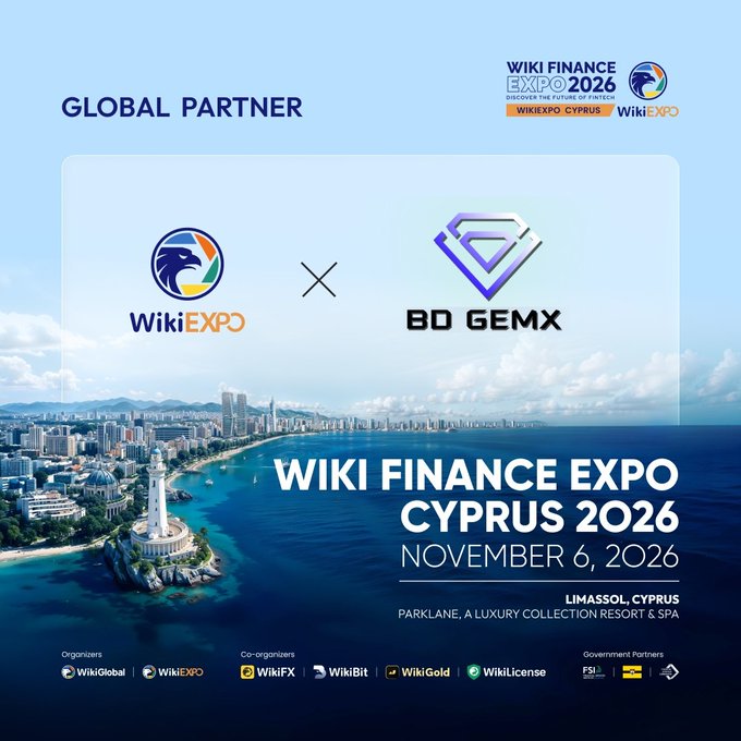 A promotional graphic announcing BD GemX as the Official Global Partner of Wiki Finance Expo Cyprus 2026, scheduled for November 6, 2026, at Parklane, a Luxury Collection Resort & Spa in Limassol, Cyprus. The image features the WikiExpo and BD GemX logos alongside a coastal cityscape of Limassol, aligning with the post's announcement of the partnership between the two organizations.