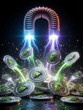 A digital artwork depicting a glowing, rainbow-colored horseshoe magnet attracting falling silver coins with green emblems on a dark, spark-filled background.