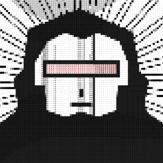 A pixel art style illustration depicts a hooded figure in black wearing a VR-like headset with a red digital band across the eyes, surrounded by radiating black lines on a white background.