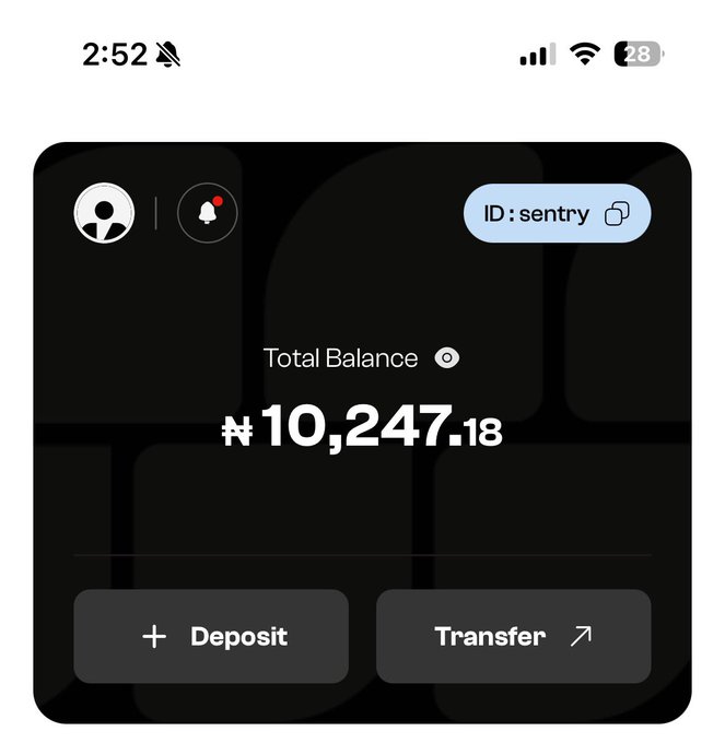 The image shows a mobile app interface displaying a "Total Balance" of ₦10,247.18 with options to Deposit or Transfer, along with an ID labeled "sentry" at the top. The screenshot appears to be proof of a ₦10,000 giveaway (GA) promoted via a Telegram bot, matching the post's claim about verifying and sharing proof of earnings.