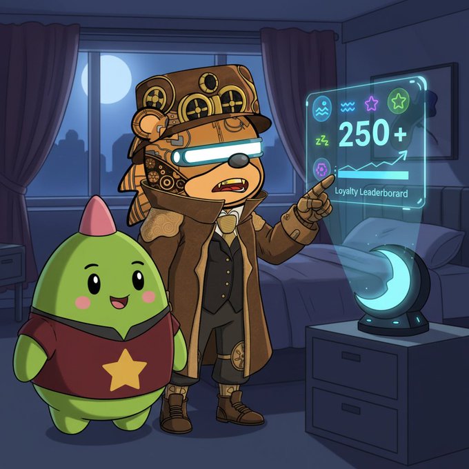 The image features two cartoon characters, one wearing a brown suit with goggles and a hat, and another wearing a green shirt and a star on his chest. The character in the brown suit appears to be pointing at a screen displaying information about sleep tracking and a leaderboard for loyalty boarders. The other character is standing next to a bed, seemingly engaged in conversation or observing something on the screen.